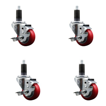 Service Caster 3'' SS Red Poly Swivel 1-1/4'' Expanding Stem Caster Set with Brake, 4PK SCC-SSEX20S314-PPUB-RED-TLB-114-4